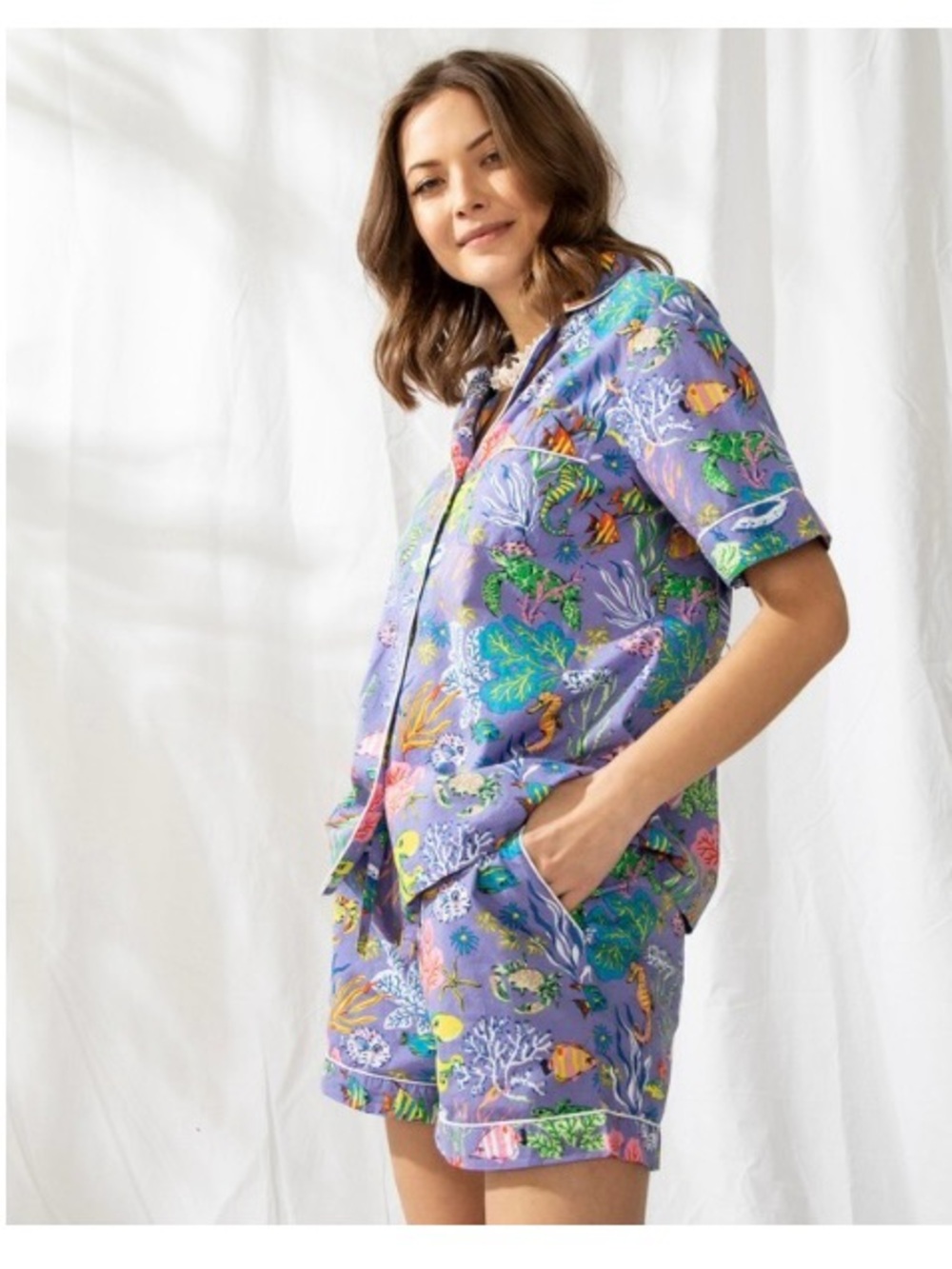 Women’s Lavender Tropical Print Short Pajama Set - Relaxed Short Sleeve & Shorts